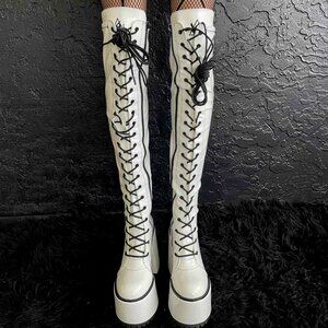 YRU Smash White Platform Lace-Up Boots size 7 thigh high